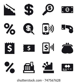 16 vector icon set : crisis, dollar, dollar magnifier, money, percent, dollar arrow, phone pay, hand coin, receipt, mobile pay, purse, cashbox