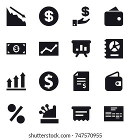 16 vector icon set : crisis, dollar, investment, wallet, money, statistic, presentation, annual report, graph up, dollar coin, account balance, percent, cashbox, atm receipt