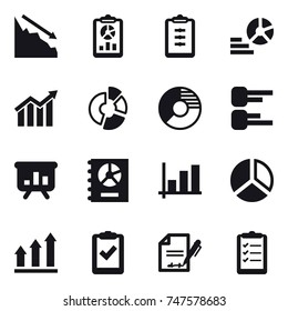 16 vector icon set : crisis, report, clipboard, diagram, circle diagram, presentation, annual report, graph, graph up, clipboard list