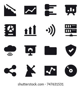 16 vector icon set : crisis, statistic, diagram, presentation, annual report, graph up, wireless, server, cloud wireless