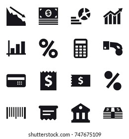 16 vector icon set : crisis, money, diagram, graph, percent, calculator, hand coin, credit card, receipt, barcode, atm receipt, library