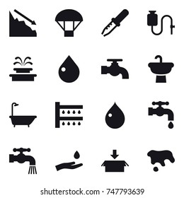 16 vector icon set : crisis, parachute, fountain, drop, water tap, bath, watering, hand and drop, package, spot