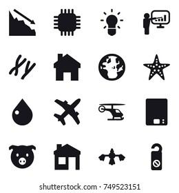 16 vector icon set : crisis, chip, bulb, presentation, home, starfish, drop, kitchen scales, pig, house, hard reach place cleaning, do not distrub