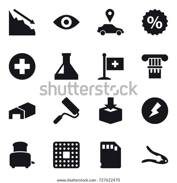 16\
vector icon set : crisis, eye, car pointer, percent, column,\
warehouse, repair, electricity, toaster, walnut\
crack