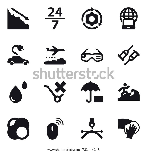 16 vector icon set : crisis, 24/7, around gear,\
notebook globe, electric car, weather management, smart glasses,\
surfer, wiping