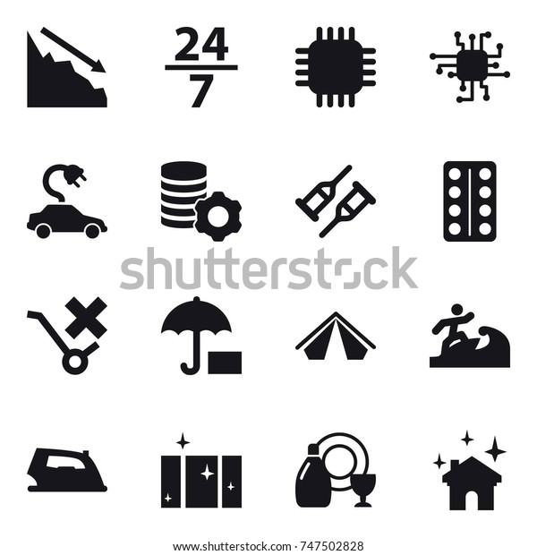 16 vector icon set : crisis, 24/7, chip,\
electric car, virtual mining, tent, surfer, iron, clean  window,\
dish cleanser, house\
cleaning