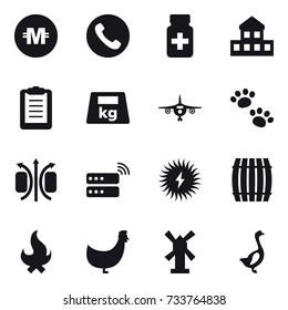 16 vector icon set : crypto currency, phone, cottage, plane, pets, barrel, fire, chicken, windmill, goose