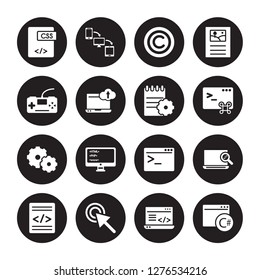16 vector icon set : Css, Clean code, Click, Code, Code review, C sharp, Console, Cogwheel, Compiler isolated on black background