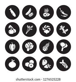 16 vector icon set : Cucumber, Blackberry, berries, Breast milk fruit, Broccoli, Berries, Cherries, Carambola, Cauliflower isolated on black background