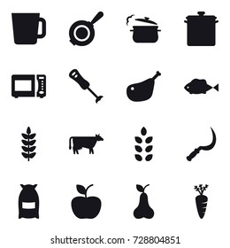 16 vector icon set : cup, pan, steam pan, cow, spikelets, sickle, flour, apple, pear, carrot