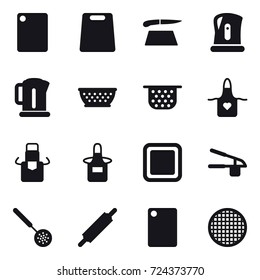 16 vector icon set : cutting board, kettle, kolander, colander, apron, garlic clasp, skimmer, rolling pin