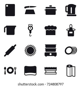 16 vector icon set : cutting board, pan, kettle, measuring cup, handle scales, chef  hat, apron, rolling pin, sponge, paper towel