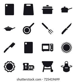16 vector icon set : cutting board, pan, saute pan, big fork, knife, chef knife, apron