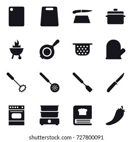 16 vector icon set : cutting board, pan, bbq, colander, cook glove, whisk, skimmer, spatula, knife, hot pepper