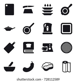 16 vector icon set : cutting board, plate washing, pan, kettle, mortar, eggplant, sponge with foam, paper towel