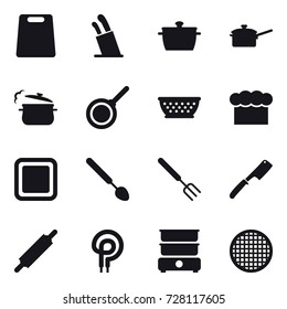 16 vector icon set : cutting board, stands for knives, pan, saute pan, steam pan, kolander, chef  hat, big spoon, big fork, chef knife, rolling pin