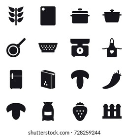 16 vector icon set : cutting board, pan, kolander, kitchen scales, apron, hot pepper, mushroom, flour, strawberry, grain elevator