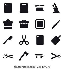 16 vector icon set : cutting board, stands for knives, cook hat, chef  hat, knife, chef knife, scissors, axe, trailer, pruner