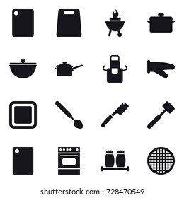 16 vector icon set : cutting board, bbq, pan, cauldron, saute pan, apron, cook glove, big spoon, chef knife, meat hammer