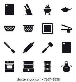 16 vector icon set : cutting board, stands for knives, bbq, pan, kolander, colander, garlic clasp, spatula, rolling pin, meat hammer, apron