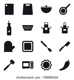 16 vector icon set : cutting board, cauldron, pan, kolander, apron, cook glove, spatula, chef knife, meat hammer, hot pepper