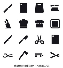 16 vector icon set : cutting board, stands for knives, cook hat, chef  hat, knife, chef knife, scissors, axe, trailer, pruner