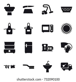 16 vector icon set : cutting board, vacuum cleaner, kolander, apron, wiping, drying clothe, brush, water tap sink, home call cleaning