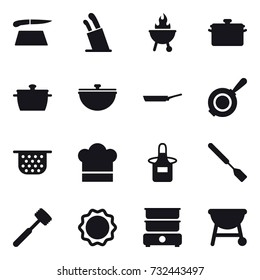 16 vector icon set : cutting board, stands for knives, bbq, pan, cauldron, colander, cook hat, apron, spatula, meat hammer