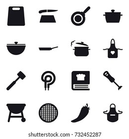 16 vector icon set : cutting board, pan, cauldron, steam pan, apron, meat hammer, hot pepper
