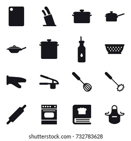 16 vector icon set : cutting board, stands for knives, pan, saute pan, kolander, cook glove, garlic clasp, whisk, rolling pin, apron