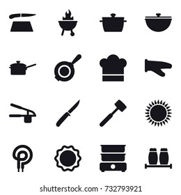 16 vector icon set : cutting board, bbq, pan, cauldron, saute pan, cook hat, cook glove, garlic clasp, knife, meat hammer