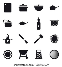 16 vector icon set : cutting board, pan, cauldron, saute pan, steam pan, colander, apron, spatula, meat hammer