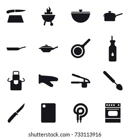 16 vector icon set : cutting board, bbq, cauldron, saute pan, pan, apron, cook glove, garlic clasp, big spoon, knife
