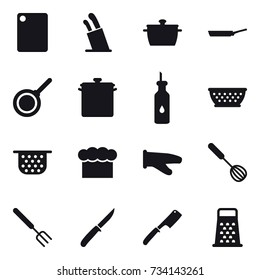 16 vector icon set : cutting board, stands for knives, pan, kolander, colander, chef  hat, cook glove, whisk, big fork, knife, chef knife