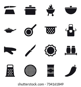 16 vector icon set : cutting board, pan, bbq, cauldron, colander, apron, cook glove, knife, hot pepper