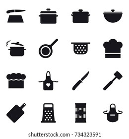 16 vector icon set : cutting board, pan, cauldron, steam pan, colander, cook hat, chef  hat, apron, knife, meat hammer