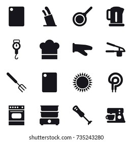 16 vector icon set : cutting board, stands for knives, pan, kettle, handle scales, cook hat, cook glove, garlic clasp, big fork