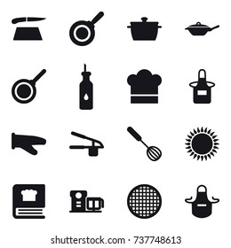 16 vector icon set : cutting board, pan, cook hat, apron, cook glove, garlic clasp, whisk