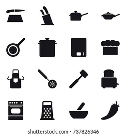 16 vector icon set : cutting board, stands for knives, saute pan, pan, kitchen scales, chef  hat, apron, skimmer, meat hammer, mortar, hot pepper