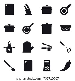 16 vector icon set : cutting board, stands for knives, pan, kolander, apron, cook glove, garlic clasp, whisk, big spoon, hot pepper