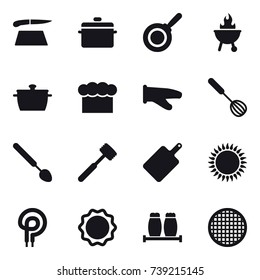 16 vector icon set : cutting board, pan, bbq, chef  hat, cook glove, whisk, big spoon, meat hammer