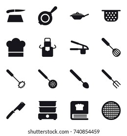 16 vector icon set : cutting board, pan, colander, cook hat, apron, garlic clasp, whisk, skimmer, big spoon, big fork, chef knife