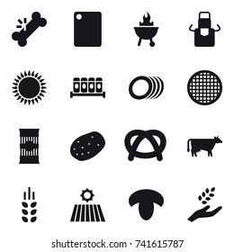 16 vector icon set : cutting board, bbq, apron, cow, spikelets, field, mushroom, harvest