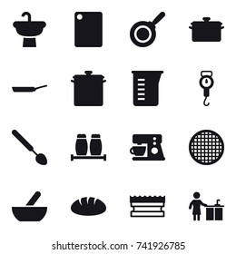 16 vector icon set : cutting board, pan, measuring cup, handle scales, big spoon, mortar, bread, sponge, kitchen cleaning
