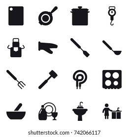 16 vector icon set : cutting board, pan, handle scales, apron, cook glove, spatula, ladle, big fork, meat hammer, mortar, dish cleanser, water tap sink, kitchen cleaning