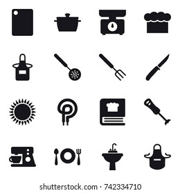 16 vector icon set : cutting board, pan, kitchen scales, chef  hat, apron, skimmer, big fork, knife, water tap sink