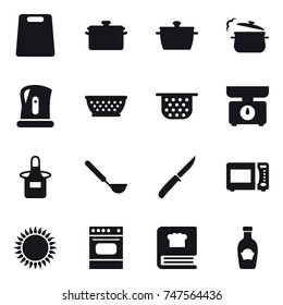 16 vector icon set : cutting board, pan, steam pan, kettle, colander, colander, kitchen scales, apron, ladle, knife 16 vector icon set : cutting board, pan, steam pan, kettle, colander, colander, kitchen scales, apron, ladle, knife