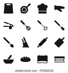 16 vector icon set : cutting board, pan, cook hat, cook glove, garlic clasp, whisk, spatula, big spoon, knife holder, rolling pin, mortar, bread, sponge