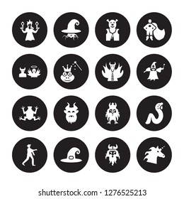 16 vector icon set : damsel, Viking, Witch hat, Zombie, rapunzel, Unicorn, antagonist, toad, myth isolated on black background