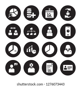16 vector icon set : Data analysis pie chart, Business plan, skills, Businessman analysis, Businesswoman, card, Consulting, Circular Conference isolated on black background